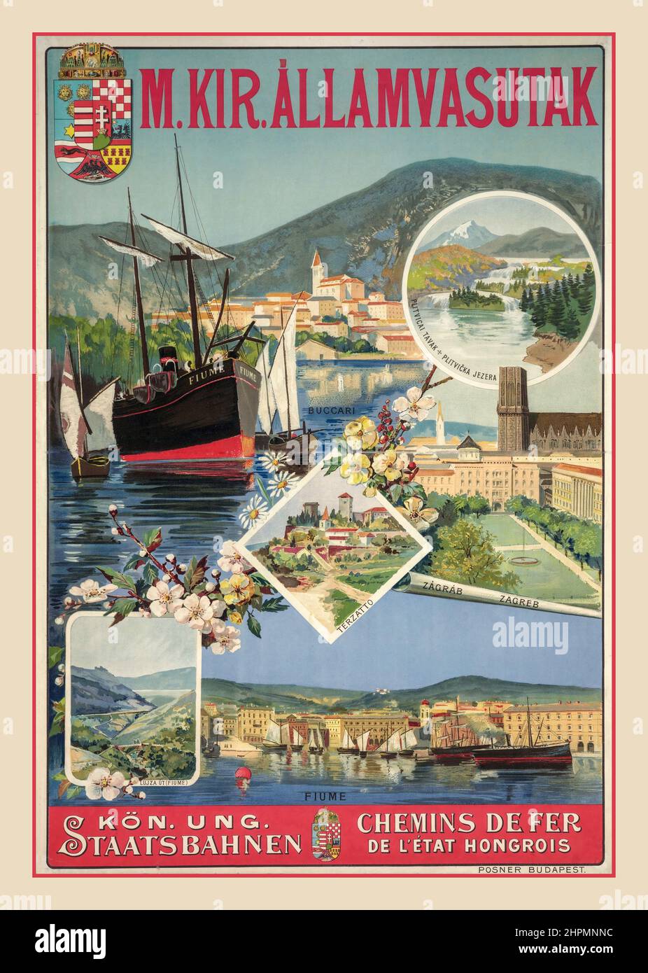 1900s Vintage Travel Poster Königlich Ungarische Staatsbahnen Fiume, Buccari Zagreb Stockfoto
