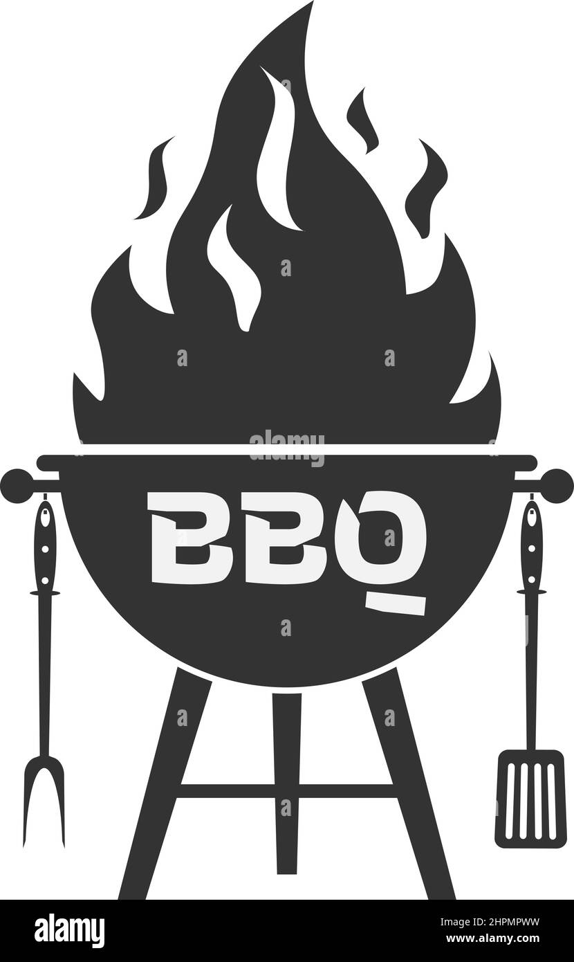 Grillgrill-Symbol, Wasserkocher mit Flammen, Gabel und Spachtel, Vektorgrafik Stock Vektor