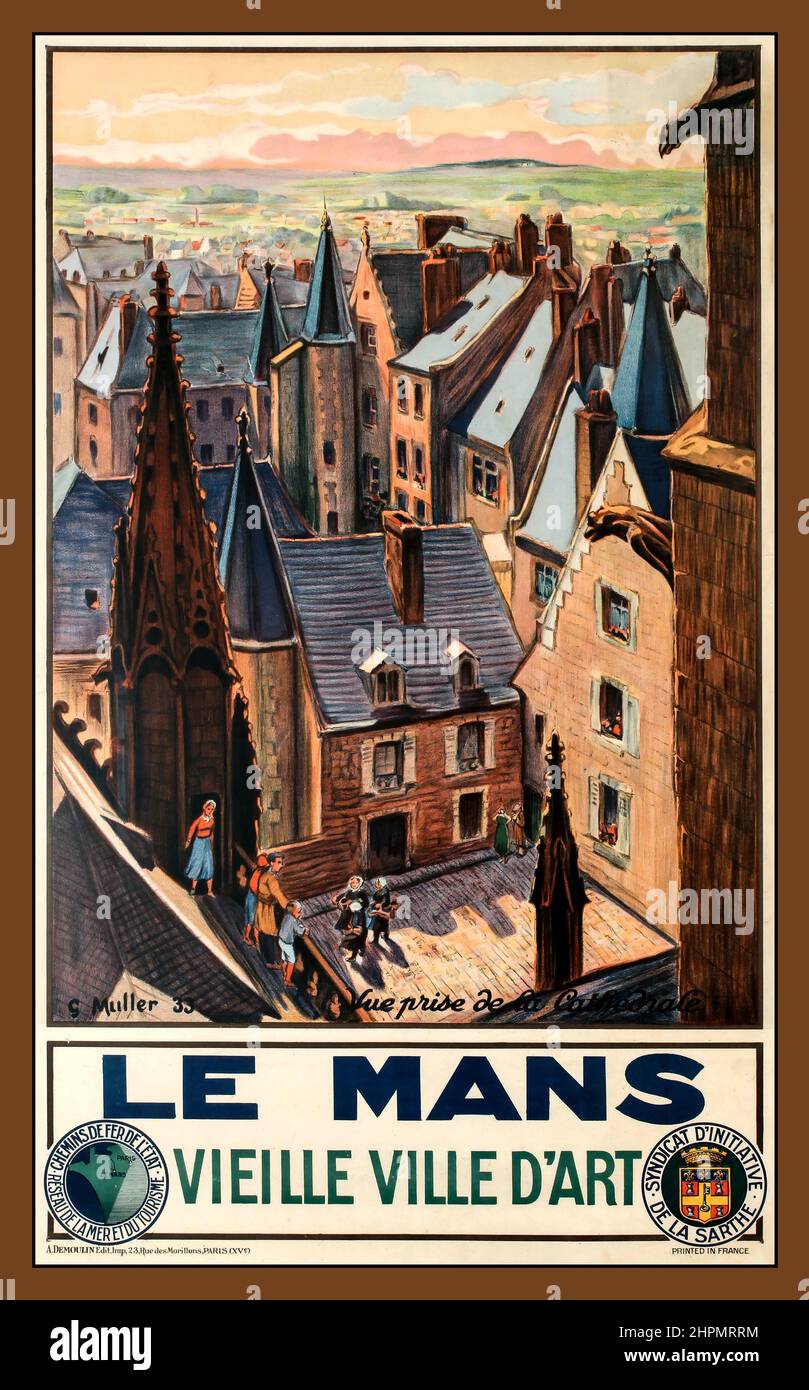 Vintage 1930s Reise-Poster Le Mans Altstadt der Kunst Vieille Ville d'Art Vintage Reise-Werbeplakat von der französischen Nationaleisenbahn veröffentlicht, um die Stadt Le Mans in Frankreich und ihre historische alte Kunststadt zu fördern: Le Mans Old City of Art / Le Mans Vieille Ville d' Art. Panoramablick über das mittelalterliche Stadtzentrum von der St Julien Cathedral mit Menschen in traditioneller Volkskleidung, die durch einen Platz im historischen Viertel Cite Plantagenet spazieren. Le Mans, eine antike römische Stadt, ist heute auch für das 24-Stunden-Langstreckenrennen bekannt - 24 Heures du Mans (seit 1923). Gedruckt bei A. Demoulin in Frankreich Stockfoto
