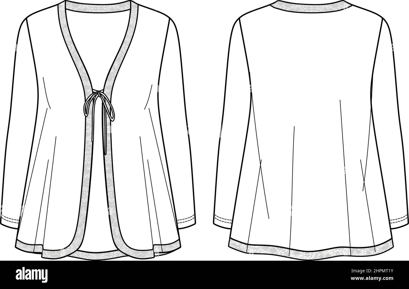 Vector langärmelige Jacke Mode CAD, Winter Frau gestrickt Strickjacke mit Spitzenbesatz Saum und Schleife Detail technische Zeichnung, Vorlage, flach, Skizze. Jer Stock Vektor