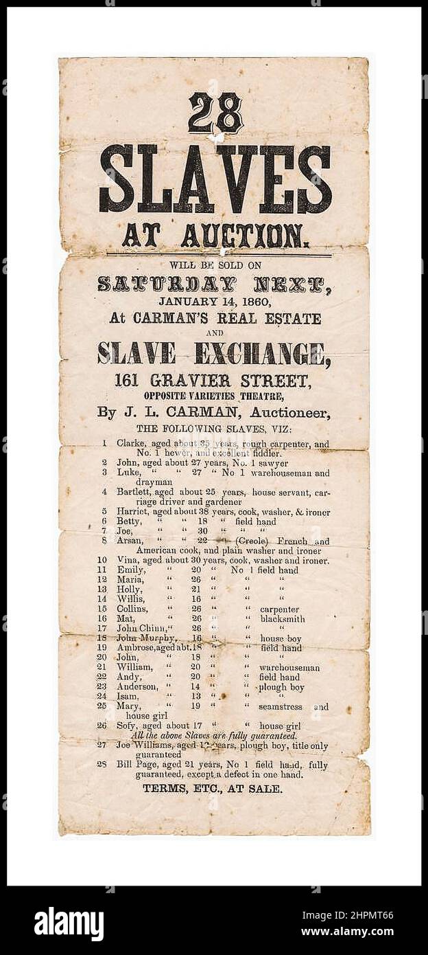 SLAVES Auktion in den USA 1860, mit einer Liste von 28 Slaves zum Verkauf, die jeweils mit ihren besonderen niederen Aufgaben und Fähigkeiten beworben werden. Stockfoto