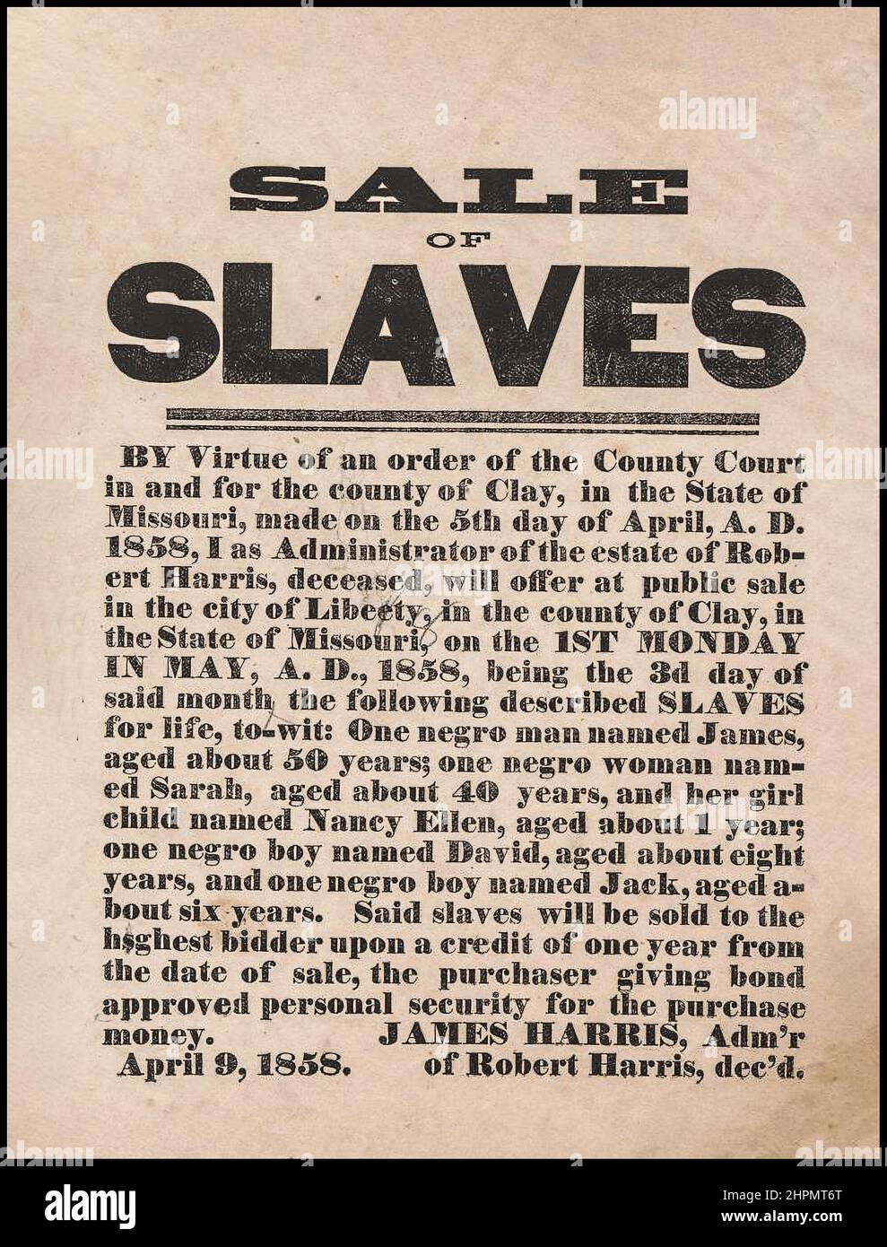 POSTER 1858 County of Clay State of Missouri USA Sklaven für das Leben an den Meistbietenden Southern America USA verkauft Stockfoto