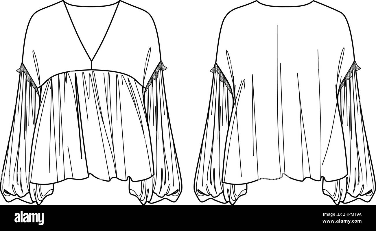 Vektor Langarm Bluse Mode CAD, Frau V-Ausschnitt überschnittene Schultern Top mit Spitze Detail technische Zeichnung, Vorlage, flach, Skizze. Jersey oder gewebt Stock Vektor