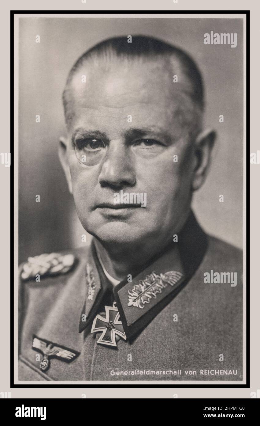 Nazi-Armeegeneral Walter Karl Ernst August von Reichenau (8. Oktober 1884 – 17. Januar 1942) Feldmarschall in der Wehrmacht Nazi-Deutschlands während des Zweiten Weltkriegs Reichenau kommandierte die Armee von 6th, während der Invasionen von Belgien und Frankreich. Während der Operation Barbarossa, der Invasion der Sowjetunion, führte er die Armee von 6th als Teil der Armeegruppe Süd weiter an, als sie die Ukraine eroberte und tief in Russland vordückte. Während der Operation Barbarossa im Jahr 1941 unter dem Kommando der 6th. Armee erließ er den berüchtigten Schweregrad-Orden, der deutsche Soldaten dazu ermutigte, viele Tausende jüdischer Zivilisten zu ermorden Stockfoto