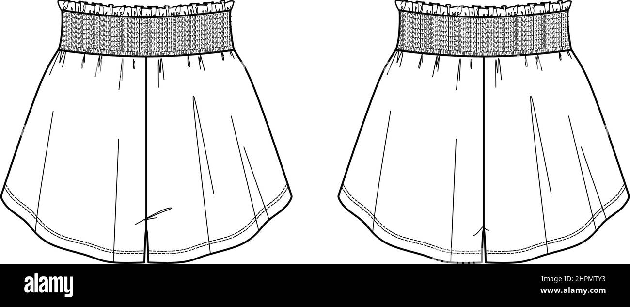 Mode technische Skizze von Frauen Shorts mit gesmokten Taille in Vektor. Frauen Shorts mit elastischen Taille flach, Skizze, Mode-Illustration. Trikot Stock Vektor