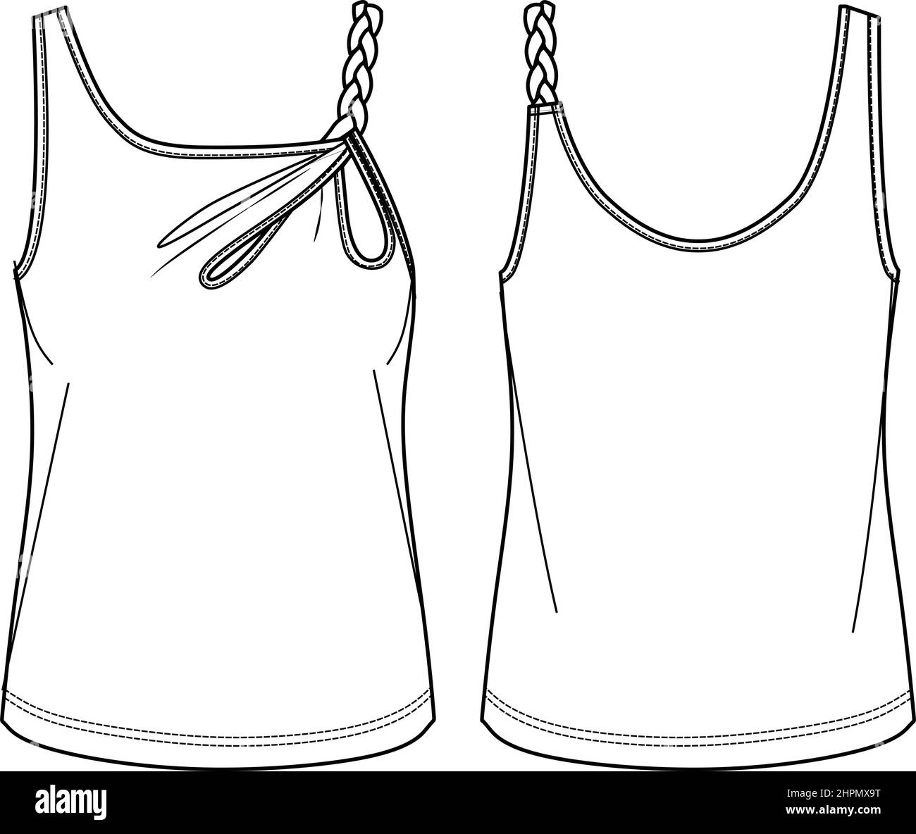 Vector Sommer Tank Top Mode CAD, ärmellose Frau Slim Fit Top mit Tunnelzug Detail technische Zeichnung, Skizze, Vorlage, flach. Jersey oder gewebte fa Stock Vektor