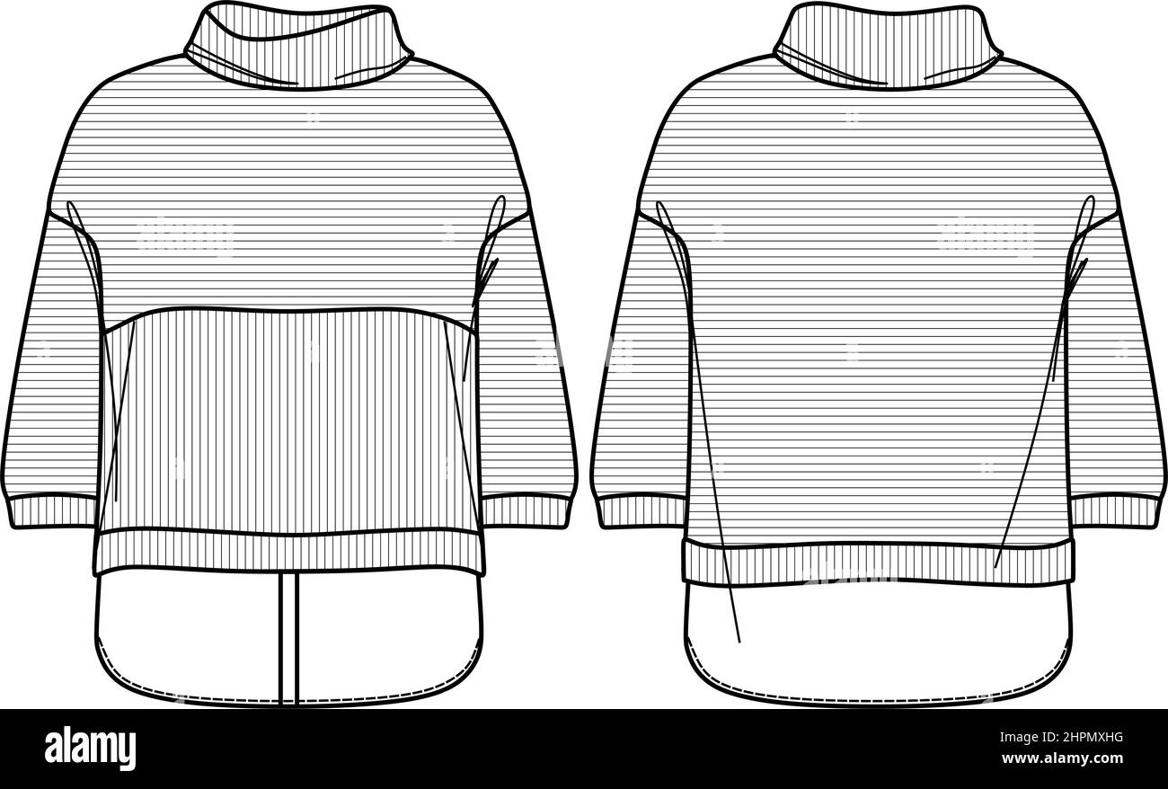 Vector Frau Sweatshirt Mode CAD, langärmeliges Rollkragen Sweatshirt technische Zeichnung, Vorlage, Skizze, flach. Bluse aus Jersey- oder Webstoff mit Stock Vektor