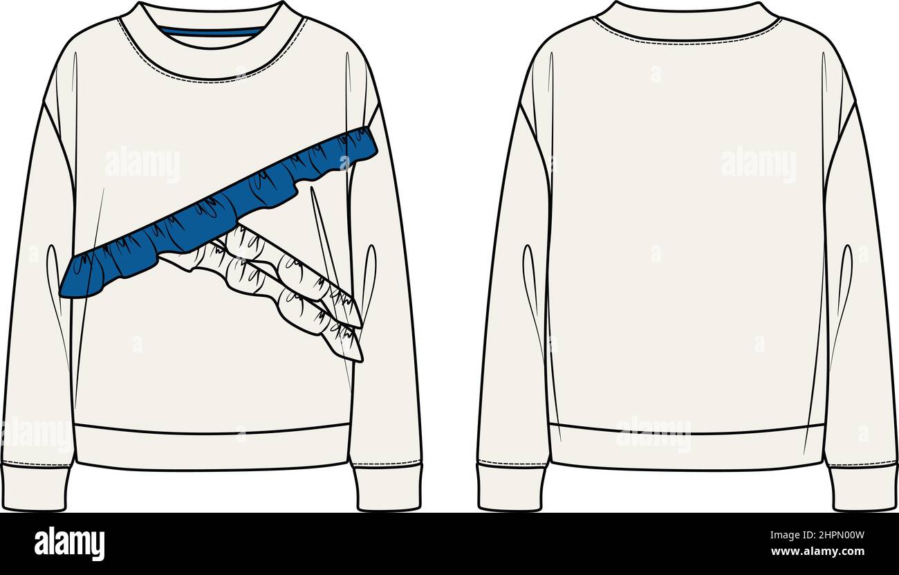 Vector langärmelige übergroße Top Mode CAD, Frau Boxy Form Rollkragen mit Rüschen Details Sweatshirt technische Zeichnung, Vorlage, Mock up, flach. Stock Vektor