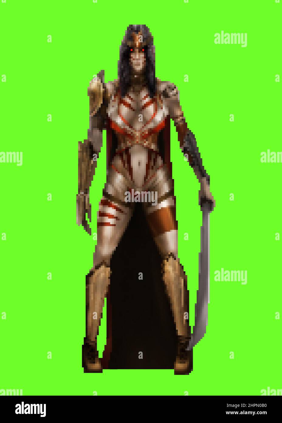 Pixel Artwork Illustration der Fantasie amazon weibliche Krieger Charakter  in Rüstung Anzug und Schwert auf grünem Bildschirm Hintergrund  Stockfotografie - Alamy