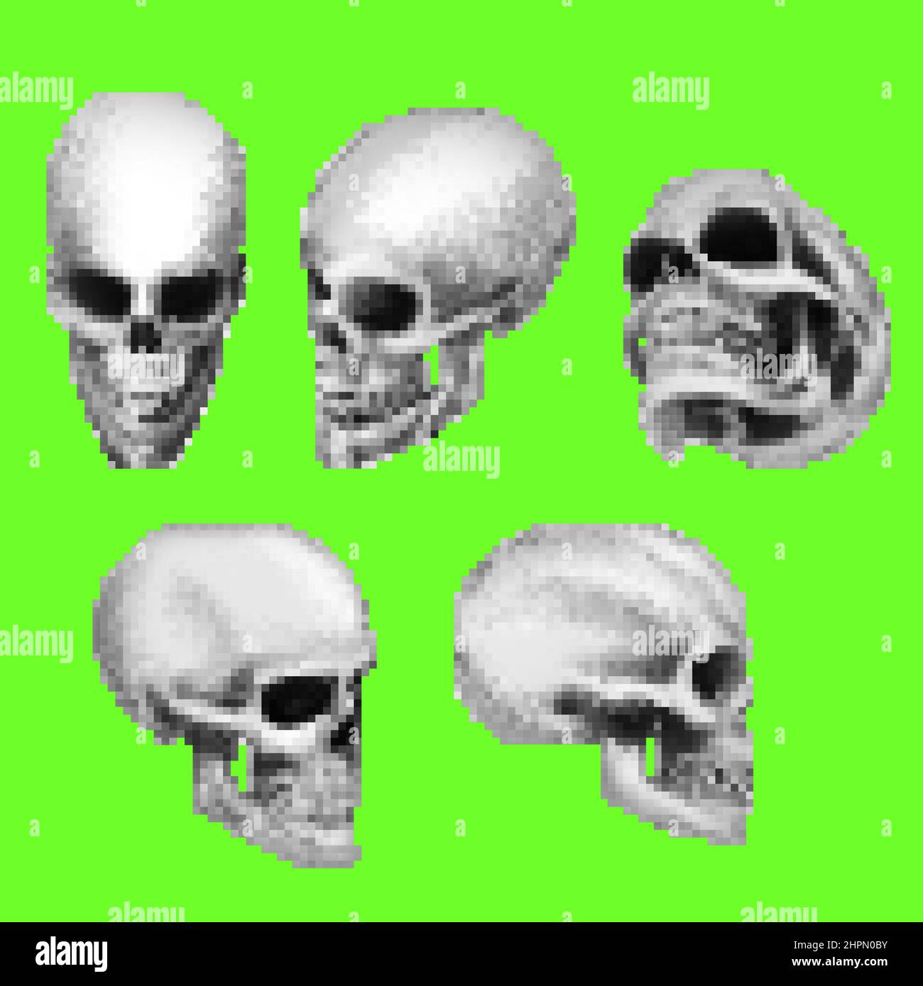 Pixel-Artwork-Illustration des menschlichen Schädels in verschiedenen Positionen auf grünem Bildschirmhintergrund. Stockfoto