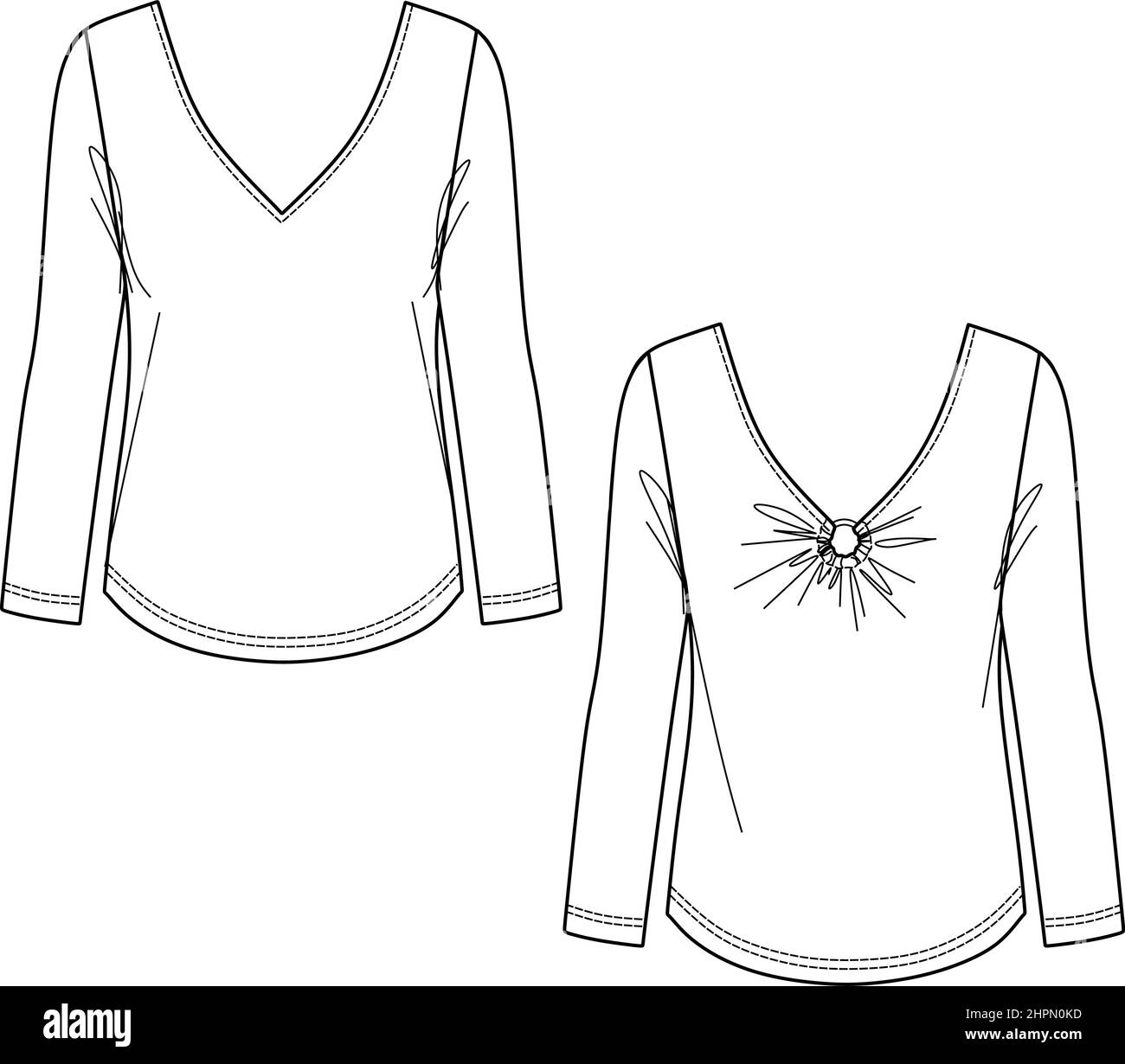 Vector Mode CAD T-Shirt, Frauen Langarm Bluse Skizze, V-Ausschnitt Frauen technische Zeichnung Stock Vektor