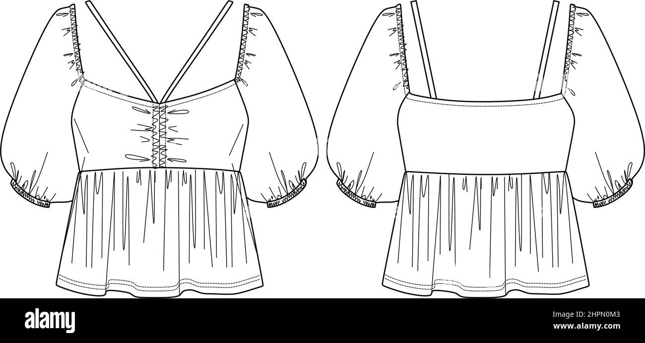 Vector Frau eckige Bluse Mode CAD, kurzärmeliges Oberteil mit gesmokten Details und Puffärmeln technische Zeichnung, flach, Skizze. Jersey oder gewebt f Stock Vektor