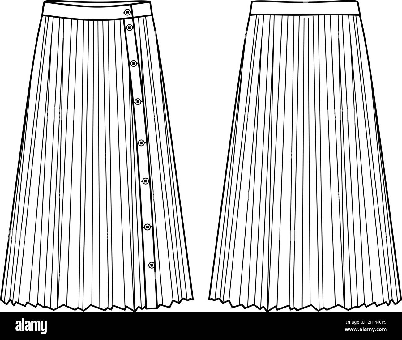 Vektor Plisse Rock Mode CAD, Frau Faltenrock technische Zeichnung, Vorlage, Skizze Stock Vektor