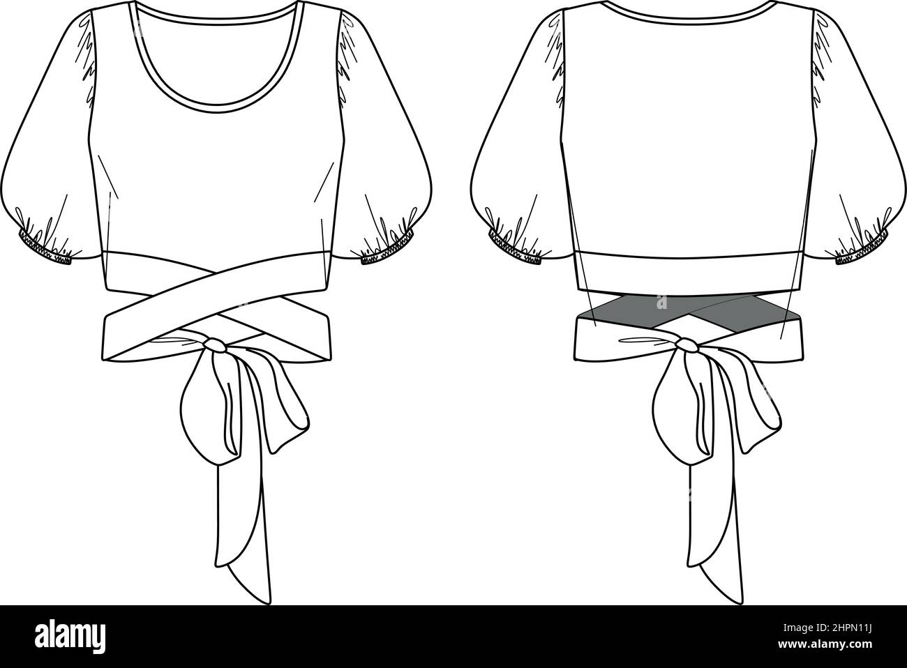 Vector Frau Rundhalsbluse Skizze, Bluse mit Ballon Ärmel Mode CAD, Sommer Crop top, technische Skizze, weiblich flach, Vorlage. Jersey oder w Stock Vektor