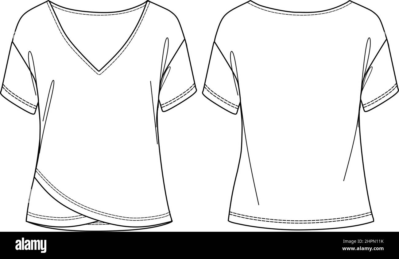 Vector Kurzarm T-Shirt Mode CAD, Frau Rundhalsausschnitt Top mit asymmetrischem Saum technische Zeichnung, Vorlage, flach, Skizze. Jersey oder gewebter Stoff b Stock Vektor