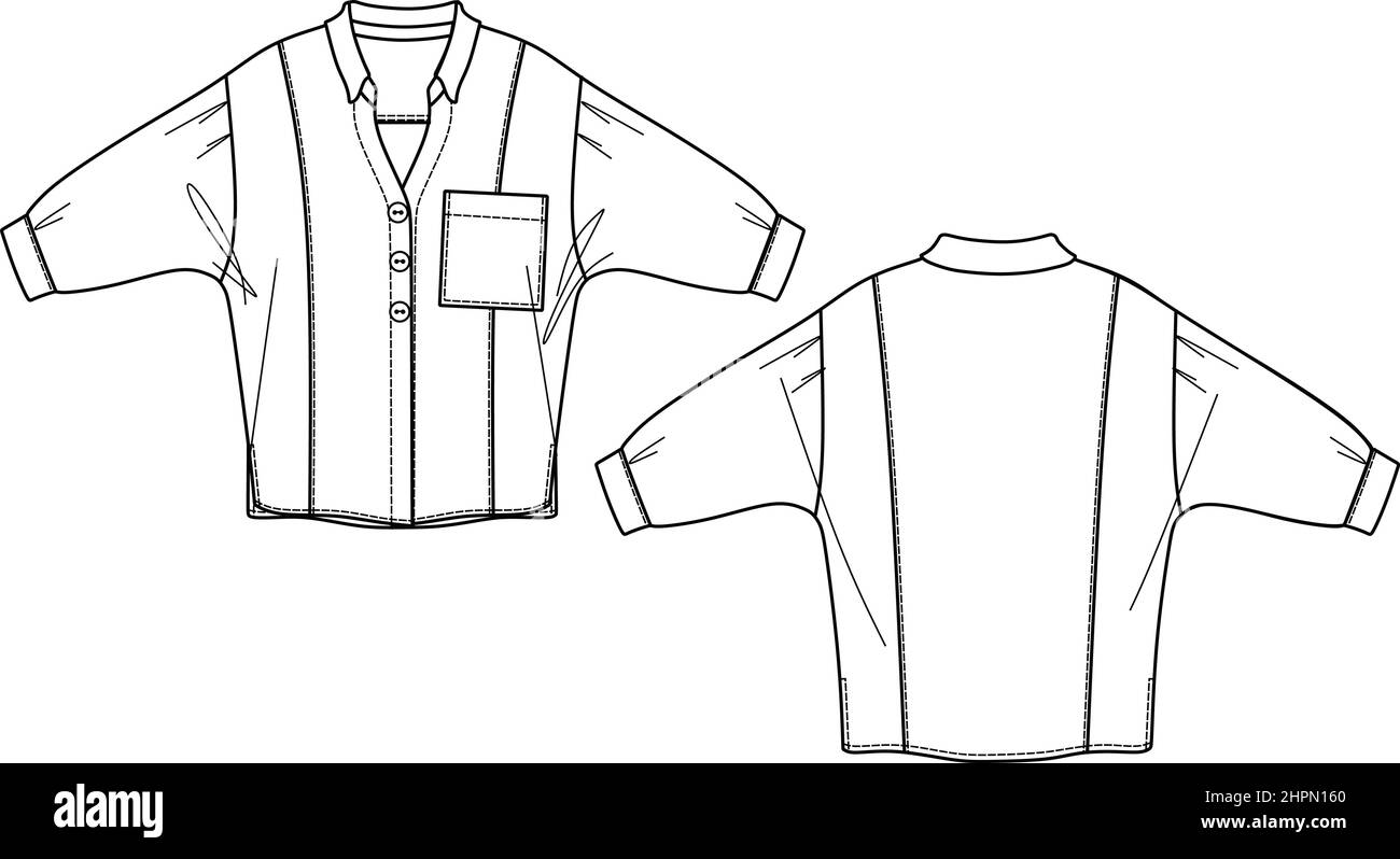 Vektor Langarm Hemd Mode CAD, Frau V-Ausschnitt Bluse mit Knöpfen technische Zeichnung, Vorlage, Skizze, flach Stock Vektor