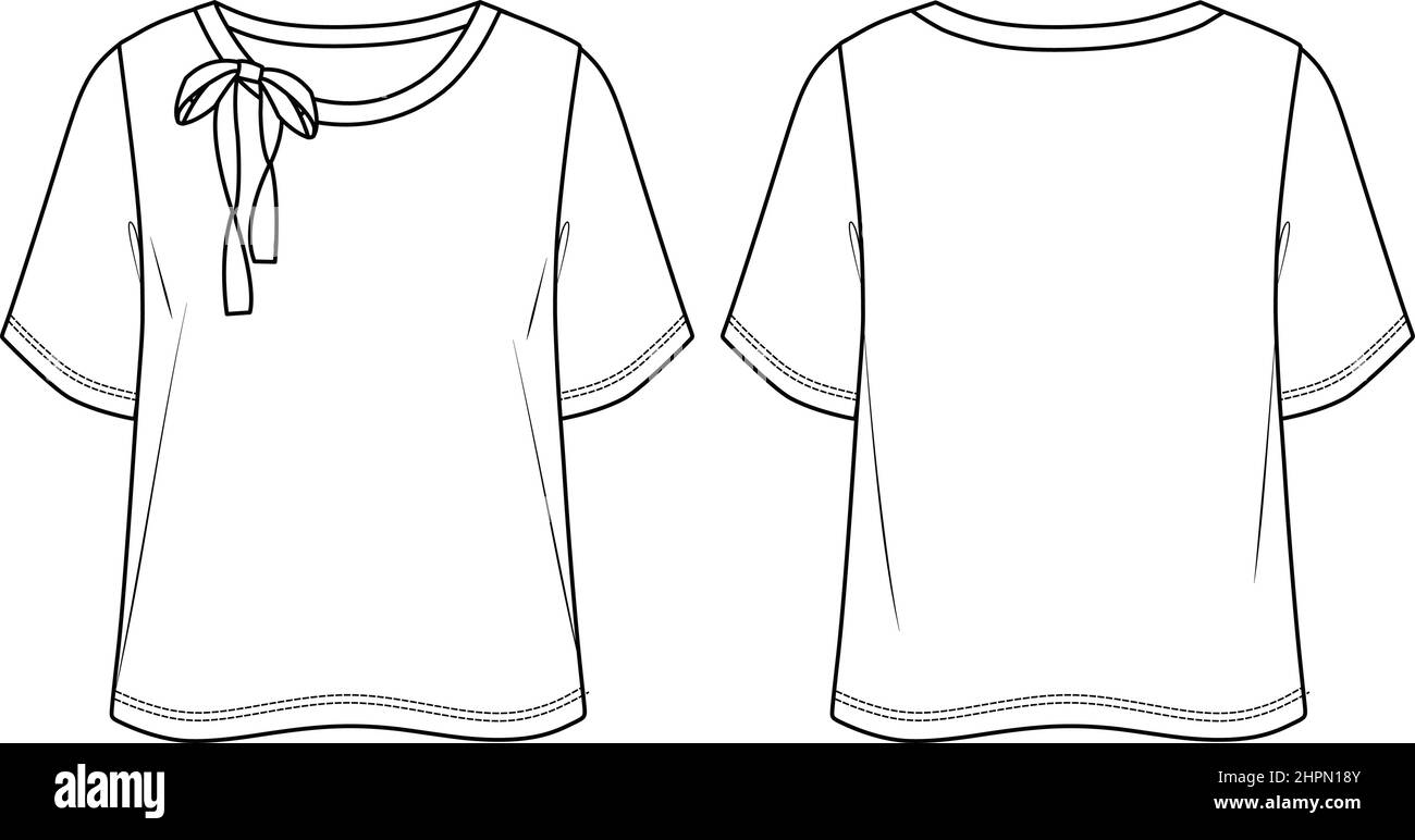 Vector Kurzarm-T-Shirt mit Schleife am Hals Mode CAD, Frau Rundhalsausschnitt T-Shirt technische Zeichnung, Skizze, Vorlage, flach, Mock-up. Jersey oder Wove Stock Vektor