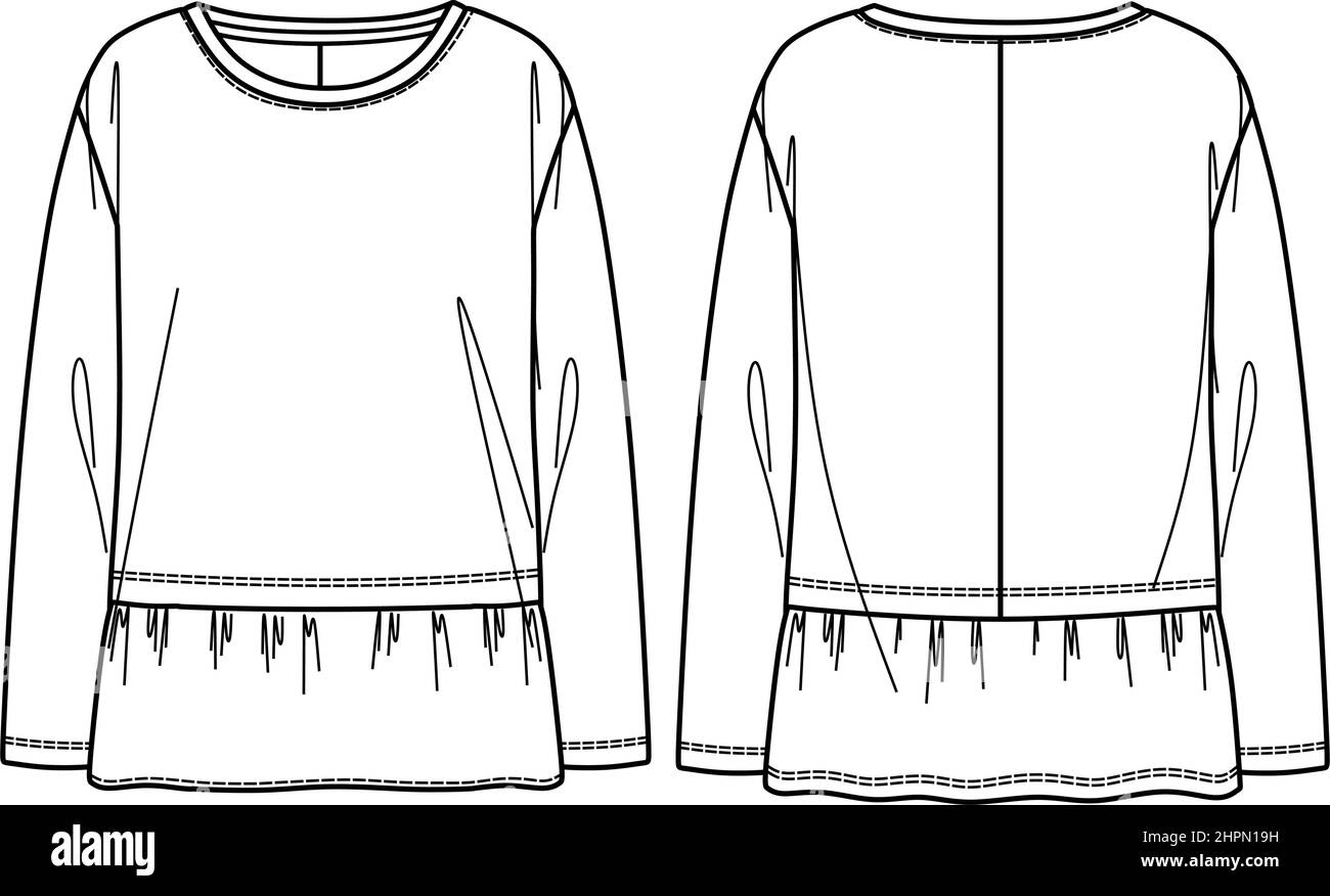 Vektor Frau ausgestellter Saum Sweatshirt Mode CAD, langärmelige Rundhalsausschnitt oben technische Zeichnung, Vorlage, Skizze, flach, Mock up. Fleece- oder Webstoff Stock Vektor