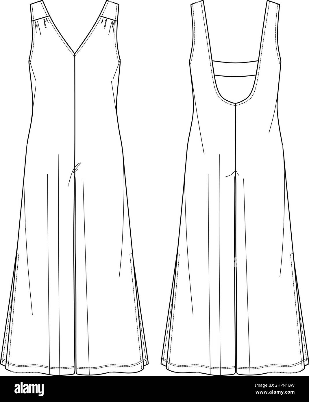 Vector Woman 'V' Neck Jumpsuit technische Zeichnung, ärmelloses Jersey Jumpsuit mit geöffnetem Rücken Mode CAD, gerade breite Beine Jumpsuit Vorlage, flach, Stock Vektor
