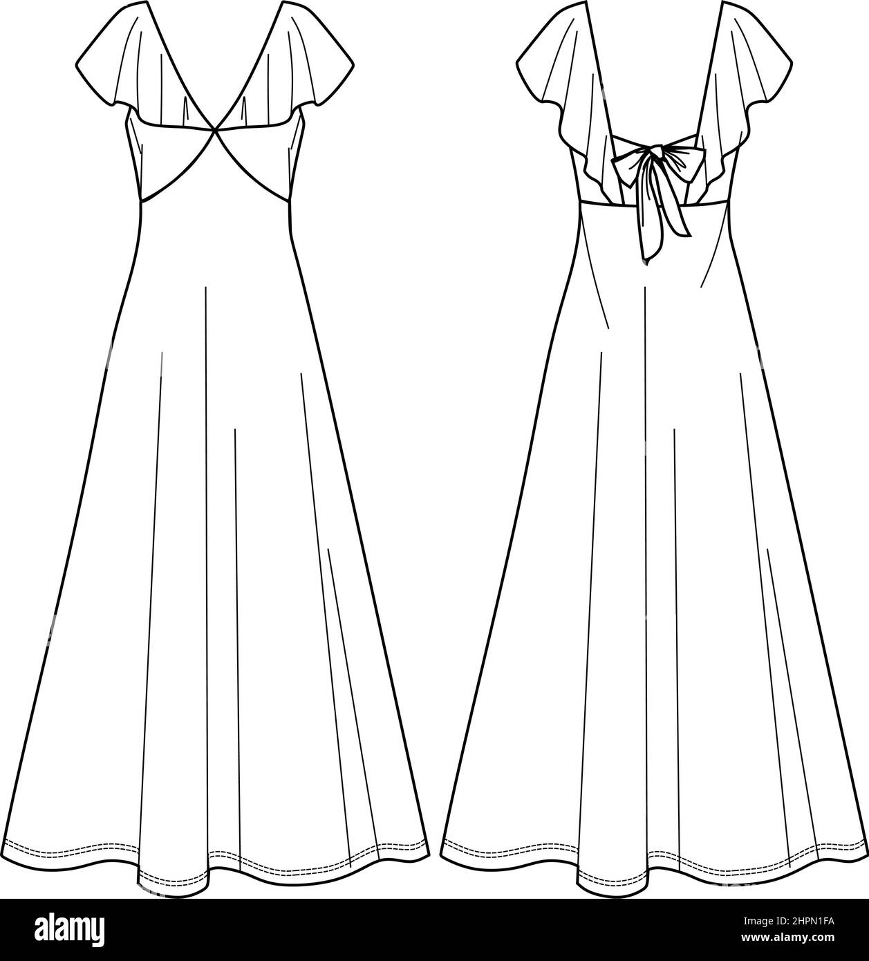 Vektor ärmellose Maxi-Kleid technische Zeichnung, Frauenkleid mit Rüschen Detail und geöffnet zurück Mode CAD, Skizze, Vorlage, flach. Jersey oder gewebte Fab Stock Vektor