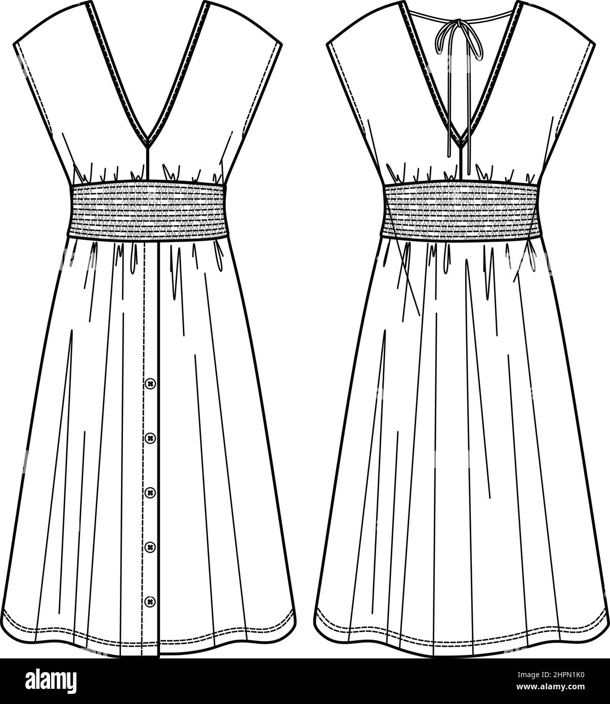 Vector Sommer V-Ausschnitt Kleid Mode CAD, Frau Midi-Kleid mit gesmokten Taille technische Zeichnung, Vorlage, flach, Skizze Stock Vektor