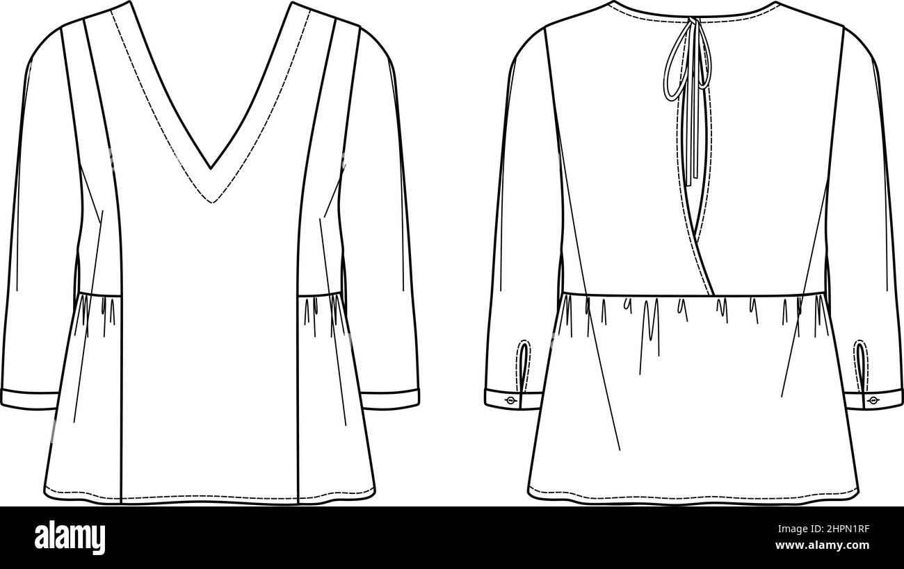 Vector Langarm Bluse technische Zeichnung, Frau V-Ausschnitt Top Mode CAD, Bluse Skizze mit zurück Detail Stock Vektor
