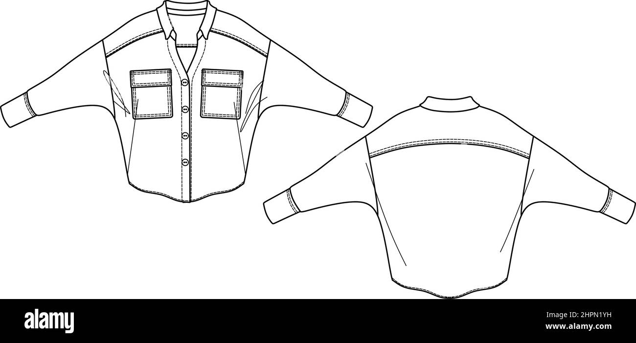 Vektor langärmelige Hemdmode, Frau V-Ausschnitt und überschnittenem Schulterhemd technische Zeichnung, Vorlage, Skizze Stock Vektor