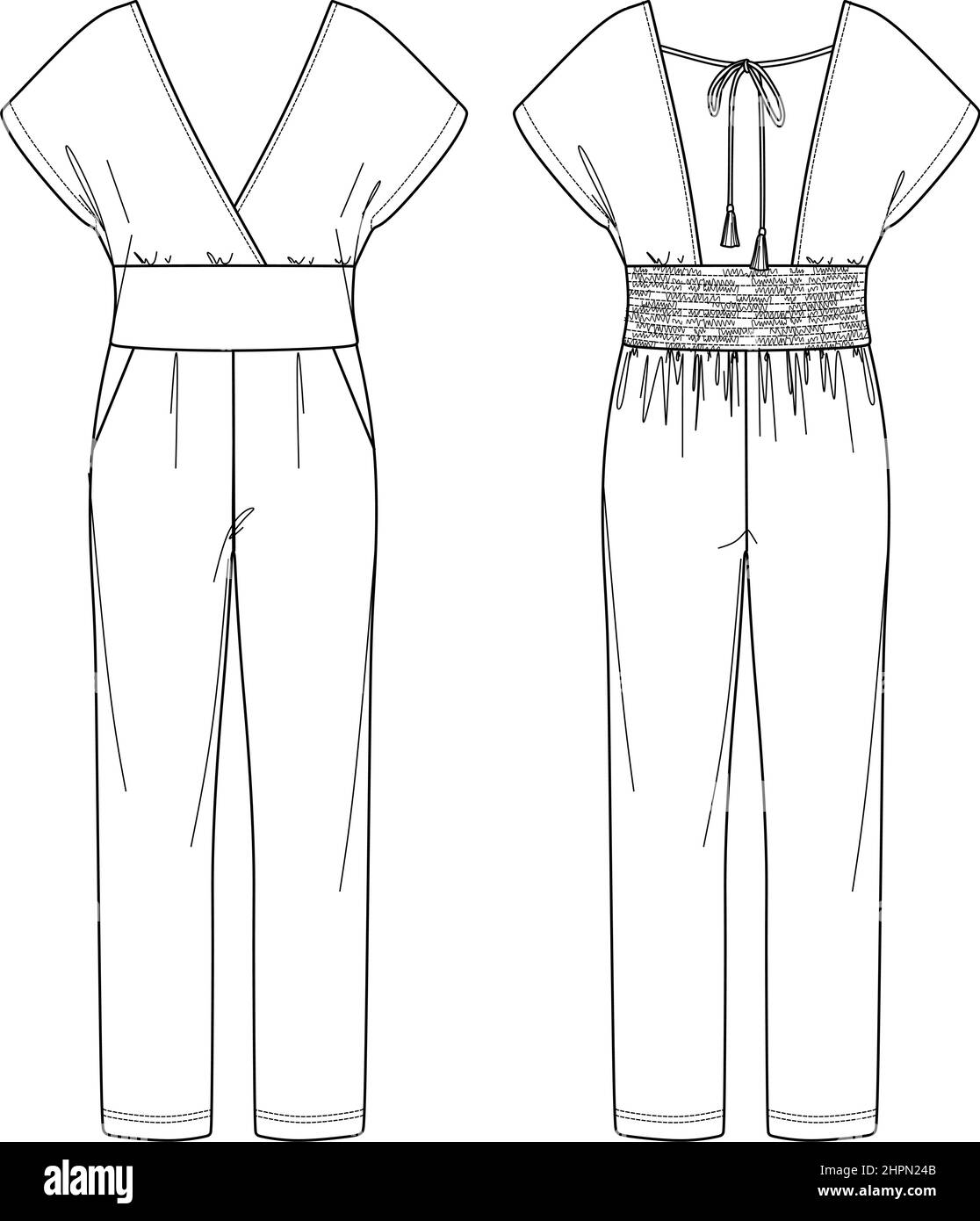 Vector Woman Wrap 'V' Neck Jumpsuit technische Zeichnung, ärmelloses Jersey Jumpsuit mit Schleife Detail Mode CAD, gerade breite Beine Jumpsuit Vorlage, fl Stock Vektor