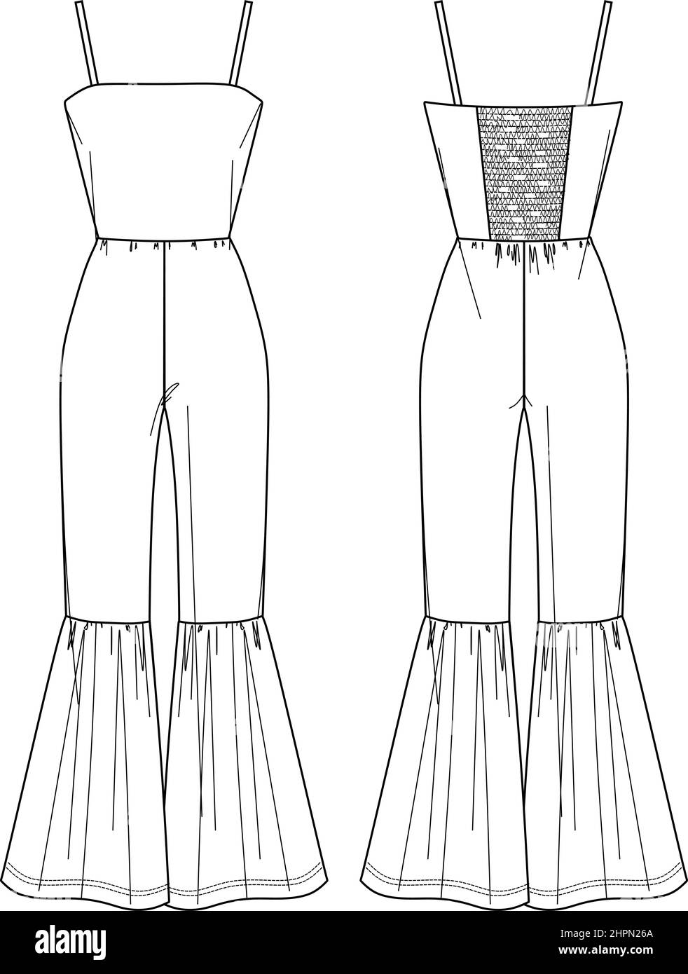 Vector Frau trägerlosen Jumpsuit technische Zeichnung, ärmelloses Jersey Jumpsuit mit Kittel Detail Mode CAD, ausgestellte Beine Jumpsuit Vorlage, flach, sket Stock Vektor