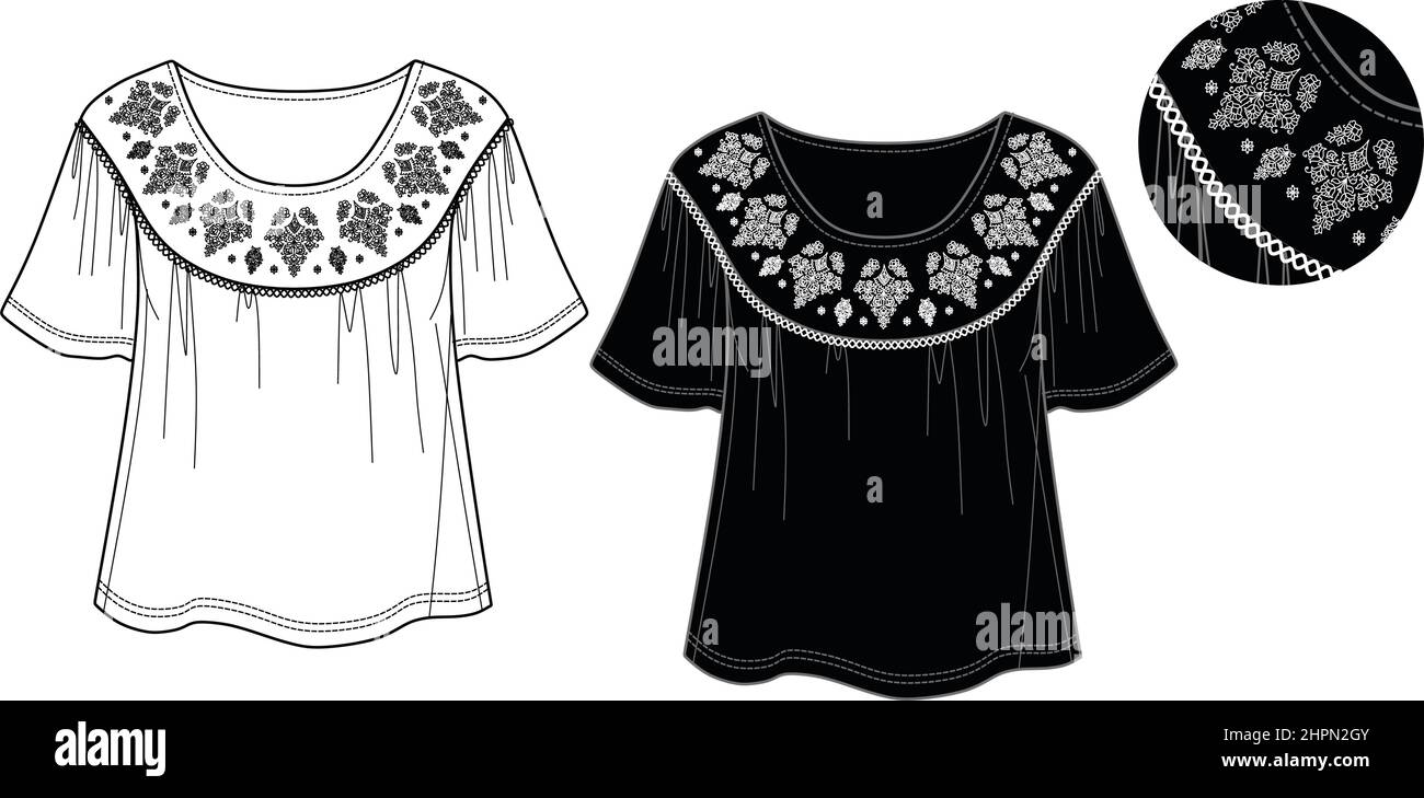 Vector Kurzarm-T-Shirt Mode CAD, Frau Rundhalsausschnitt Top mit Stickerei technische Zeichnung, Blusenvorlage, flach, Skizze. Jersey oder gewebtes Fabri Stock Vektor