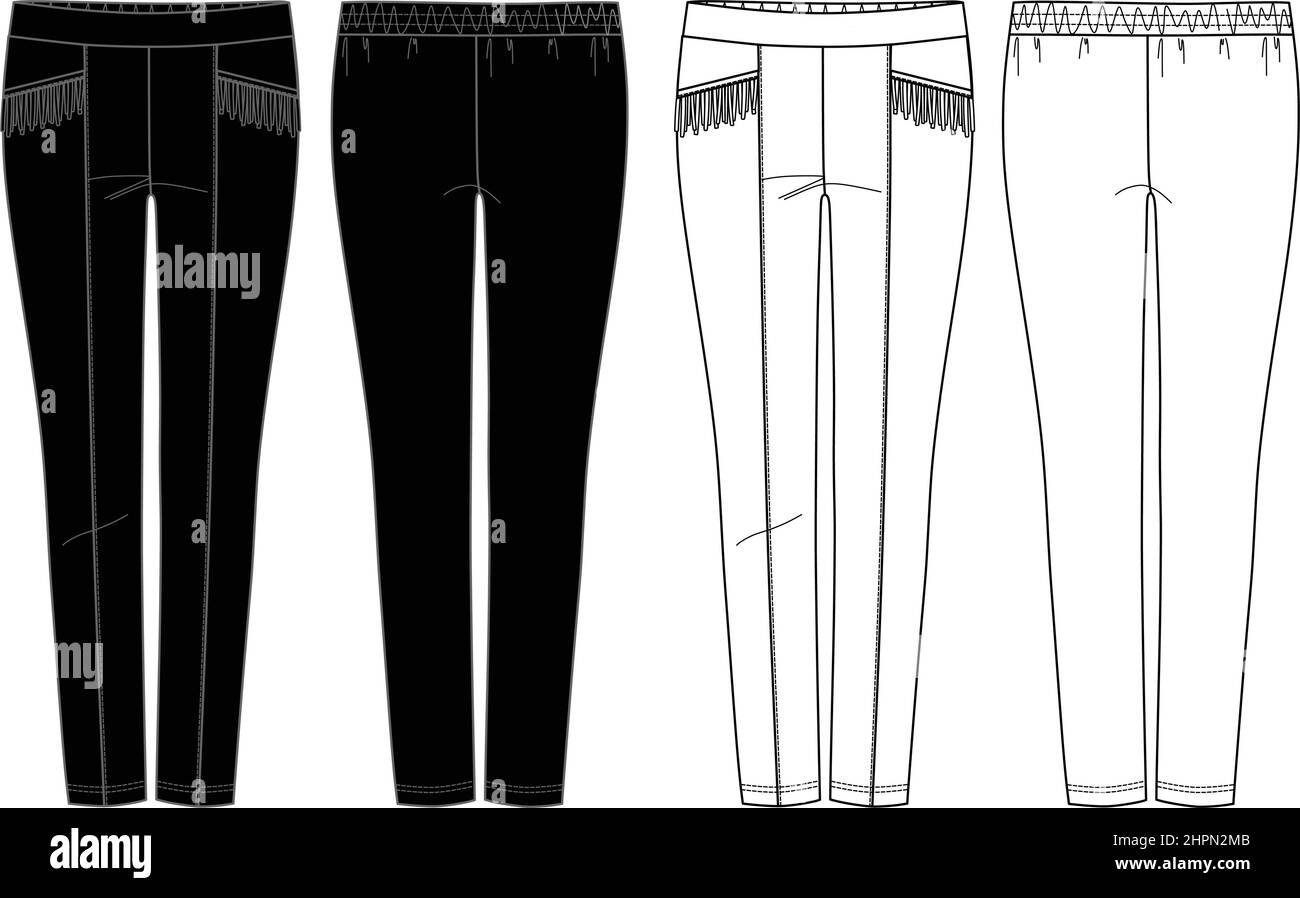 Vector Slim Fit Hosen Mode CAD, Frau hohe Taille Leggings mit Fransen trimmen technische Zeichnung, Legging Mode flach, Skizze, Vorlage. Leggings mit Stock Vektor