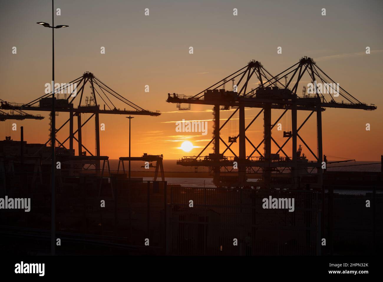 Im Tanger Med Port in Ksar es Seghir, Marokko, Nordafrika, stehen Containerkrane bereit, um Hafenfracht abzuwickeln. Stockfoto