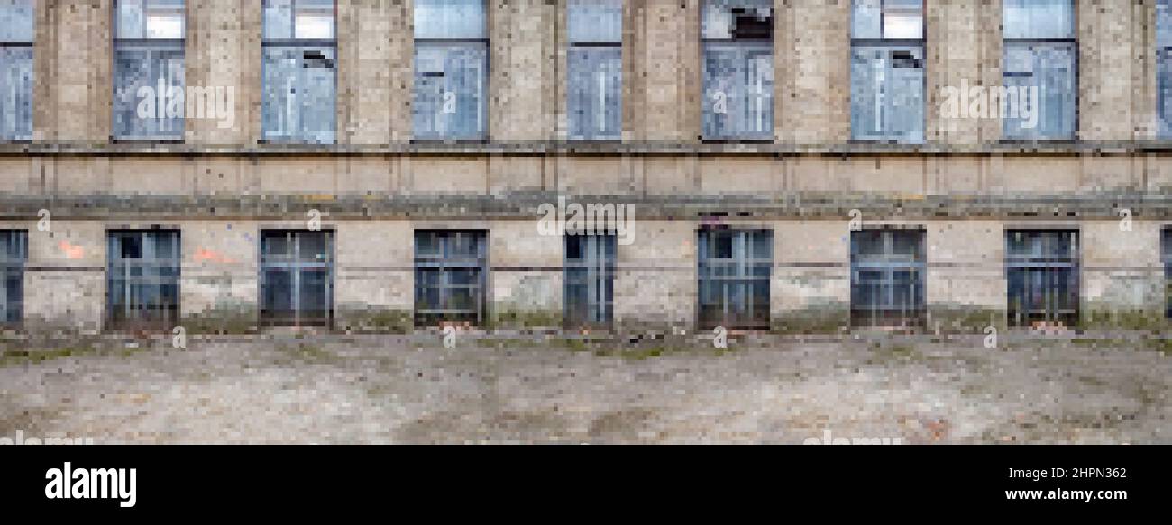 Pixel Artwork Illustration von grungy ruiniert städtischen Industriestraße mit gebrochenen Fenstern, Platformer Spiel Level Design Clipart. Stockfoto