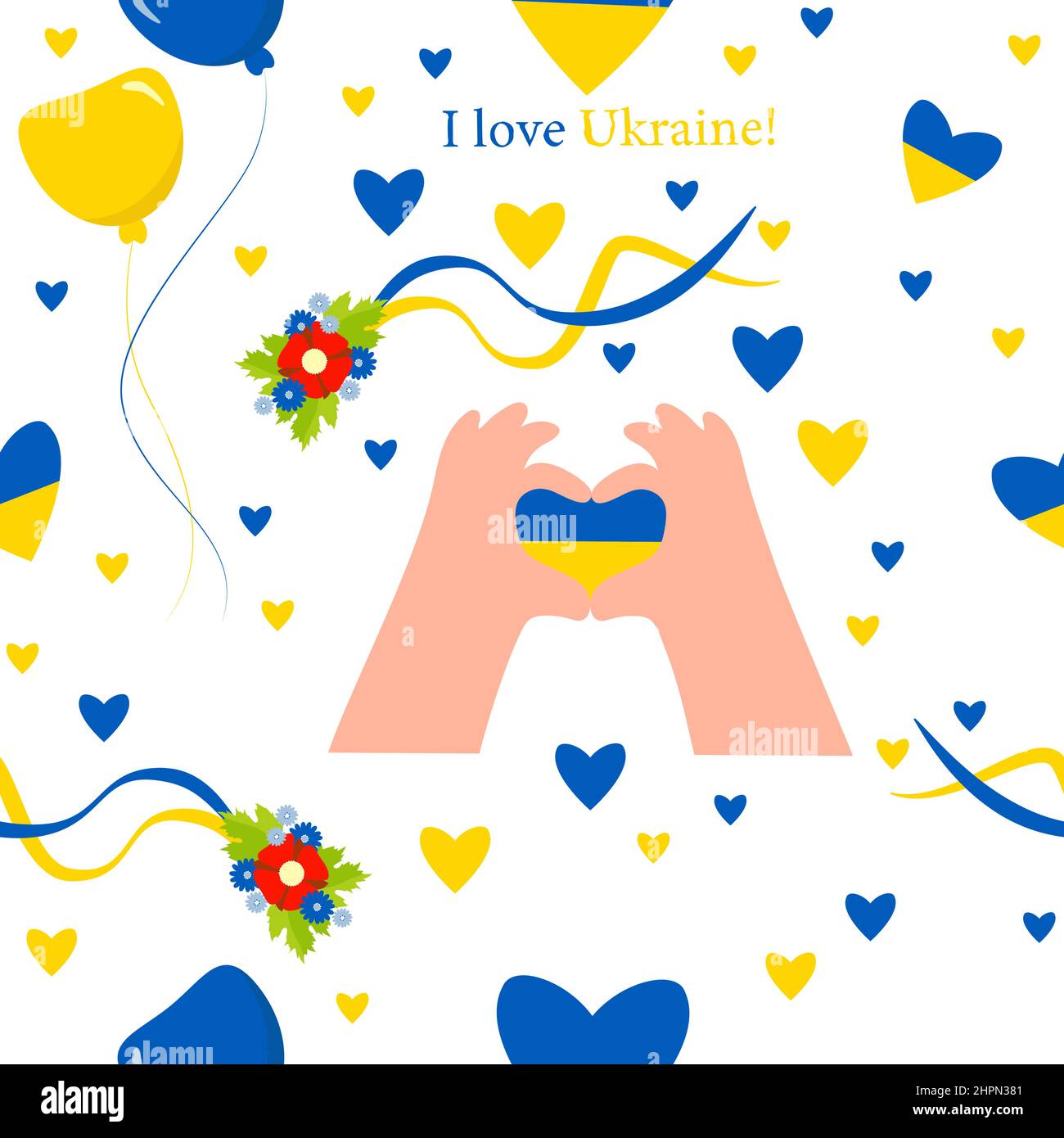 Nahtloses Muster mit ukrainischen Symbolen. Hand Geste Herz Symbol und