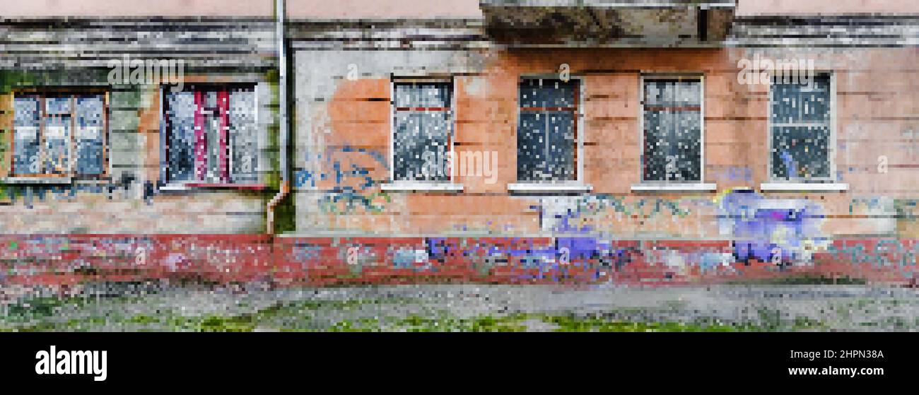 Pixel Artwork Illustration von grungy ruinierten und verlassenen städtischen Straße mit gebrochenen Fenstern und Graffiti, Platformer Spiel Level Design Clipart. Stockfoto