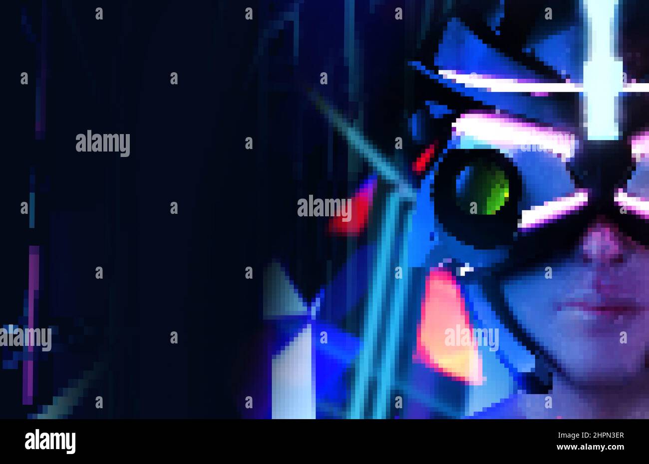 Pixel Artwork Illustration von Sci-Fi futuristischen weiblichen Charakter in Cyber-Helm auf leuchtenden Neonlicht Hintergrund. Stockfoto
