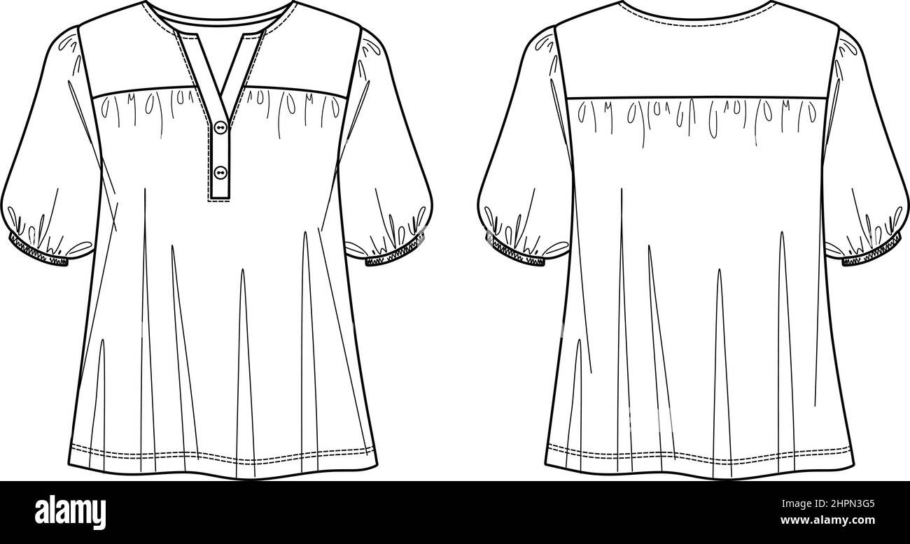 Frau V-Ausschnitt Bluse mit Raffung Detail Mode CAD, kurze Ballon Ärmel Top mit Knopf Skizze, technische Zeichnung, flach, Vorlage. Jersey oder Wove Stock Vektor