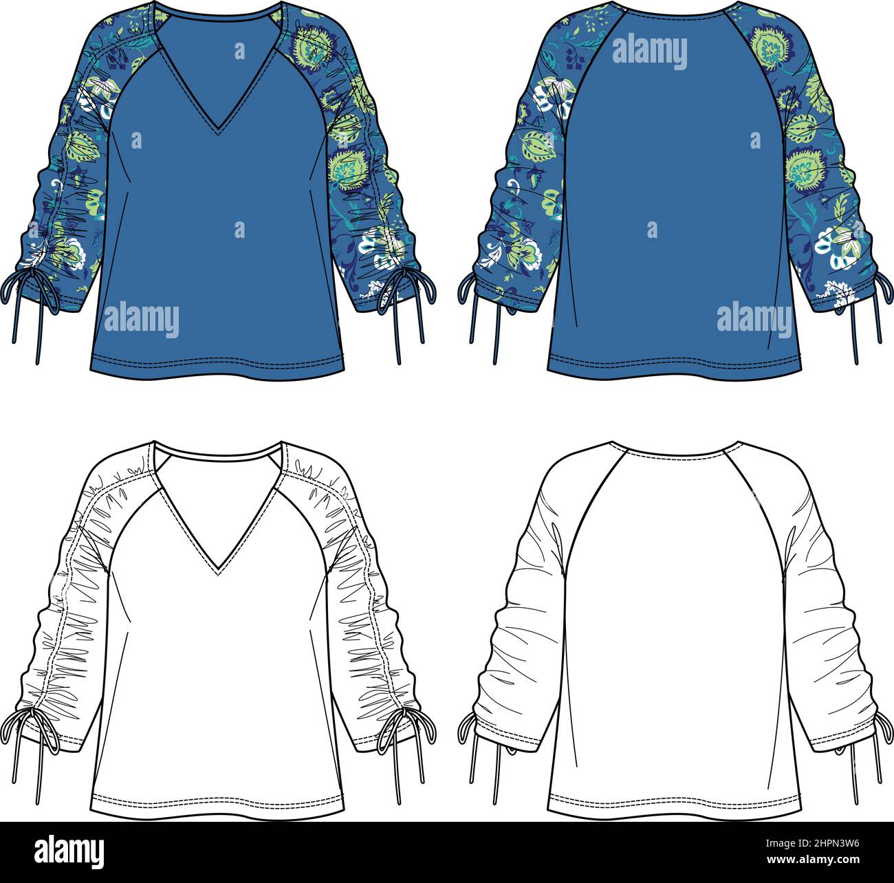Frau V-Ausschnitt Bluse mit Raffung Detail Mode CAD, lange Ballon Ärmel Oberteil mit Schleifen Skizze, technische Zeichnung, flach, Vorlage. Jersey oder gewebt f Stock Vektor