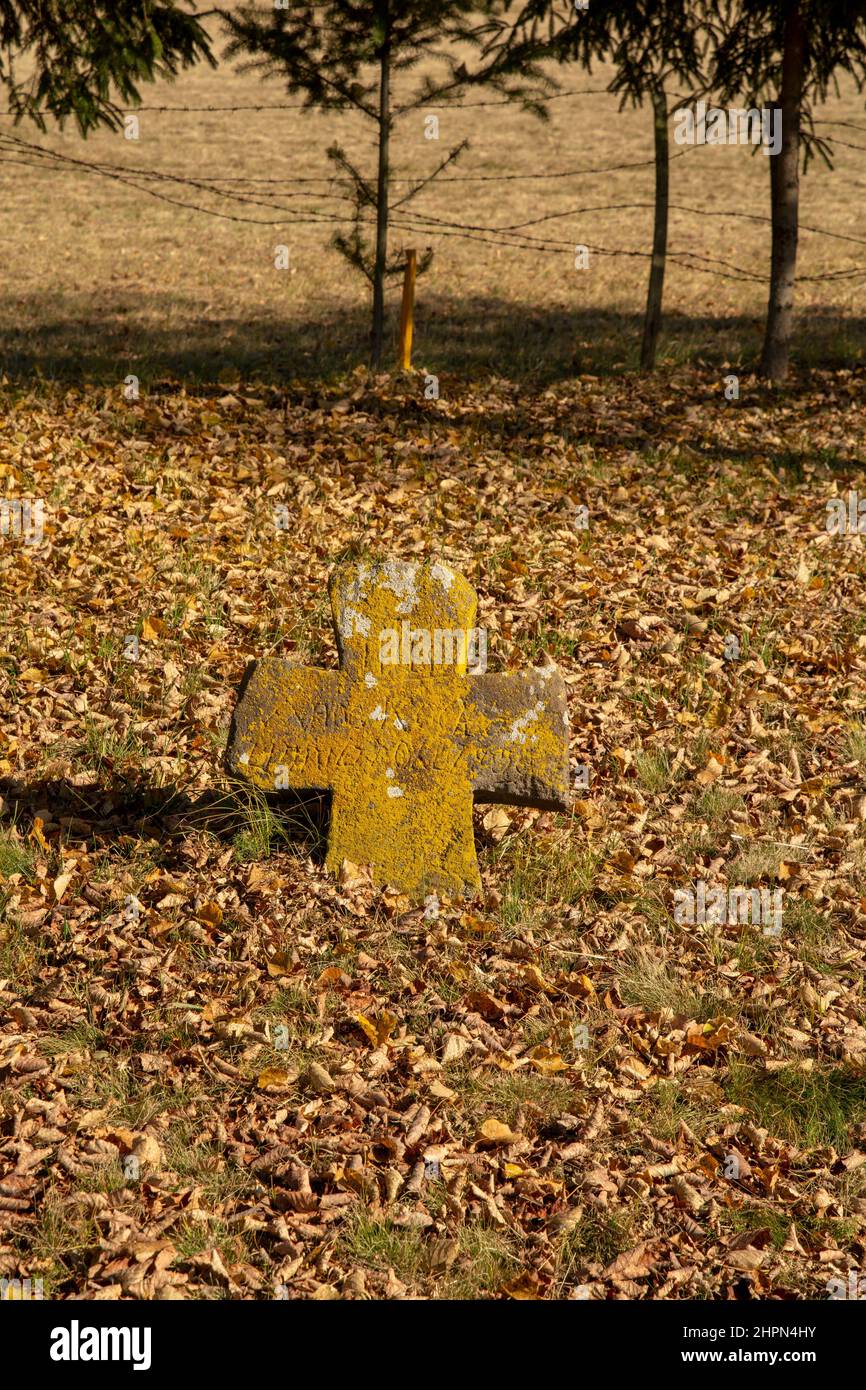 Alter alter alter Friedhof. Verlassene Grabsteine. Begräbnisstätte. Podzamcok. Slowakei. Stockfoto