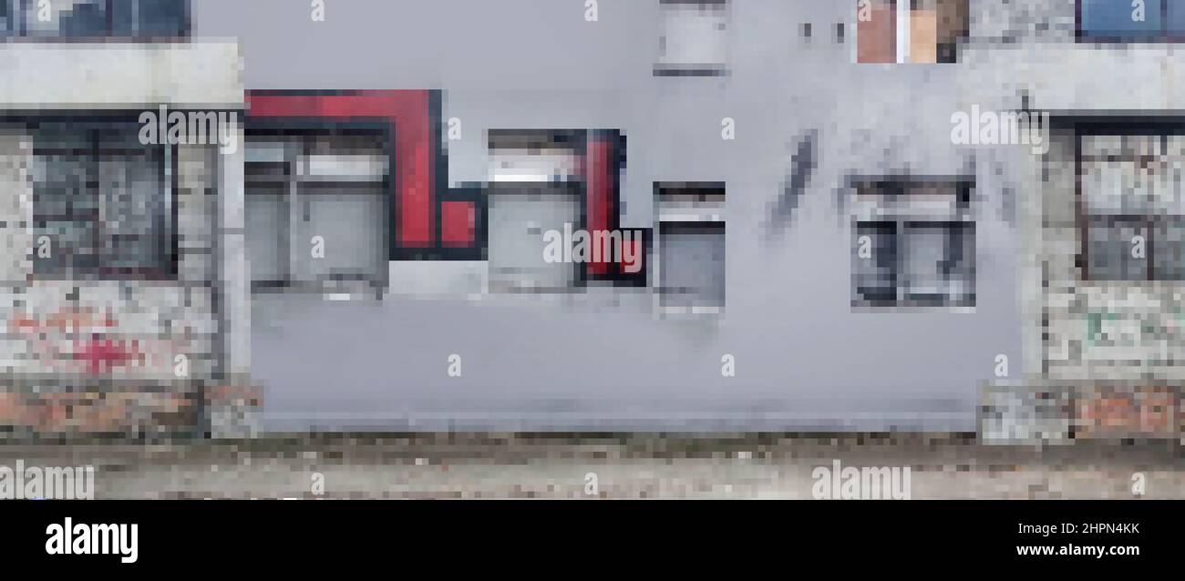 Pixel Artwork Illustration von grungy ruinierte urbane inducTrial Straße mit gebrochenen Wänden und Fenstern, Platformer Spiel Level Design Clipart. Stockfoto