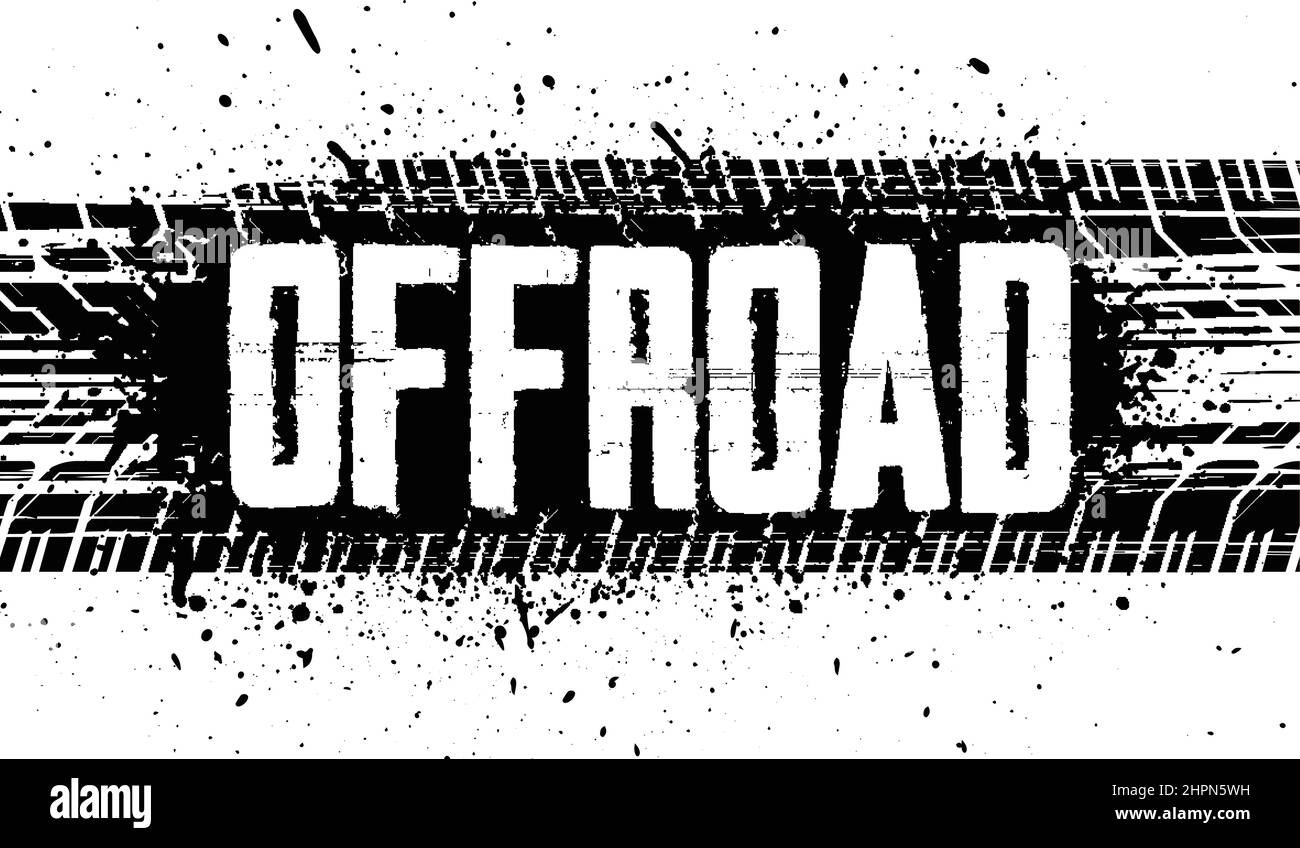 Schwarz-weißes Grunge-Banner im Gelände mit Reifenspuren im Grunge-Stil. Handgezeichneter Grunge-Schriftzug mit Reifenspuren Stock Vektor