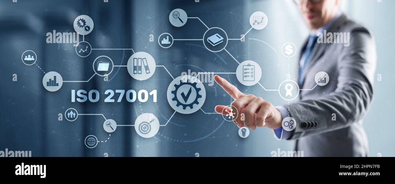 ISO 27001. Internationaler Informationssicherheitsstandard. Konzept der ISO-Normen Qualitätskontrolle Garantie. Stockfoto