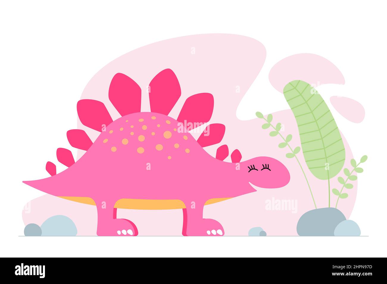 Süßer Dino in Pink. Kind lächelnd Baby Dinosaurier stegosaurus. Cartoon