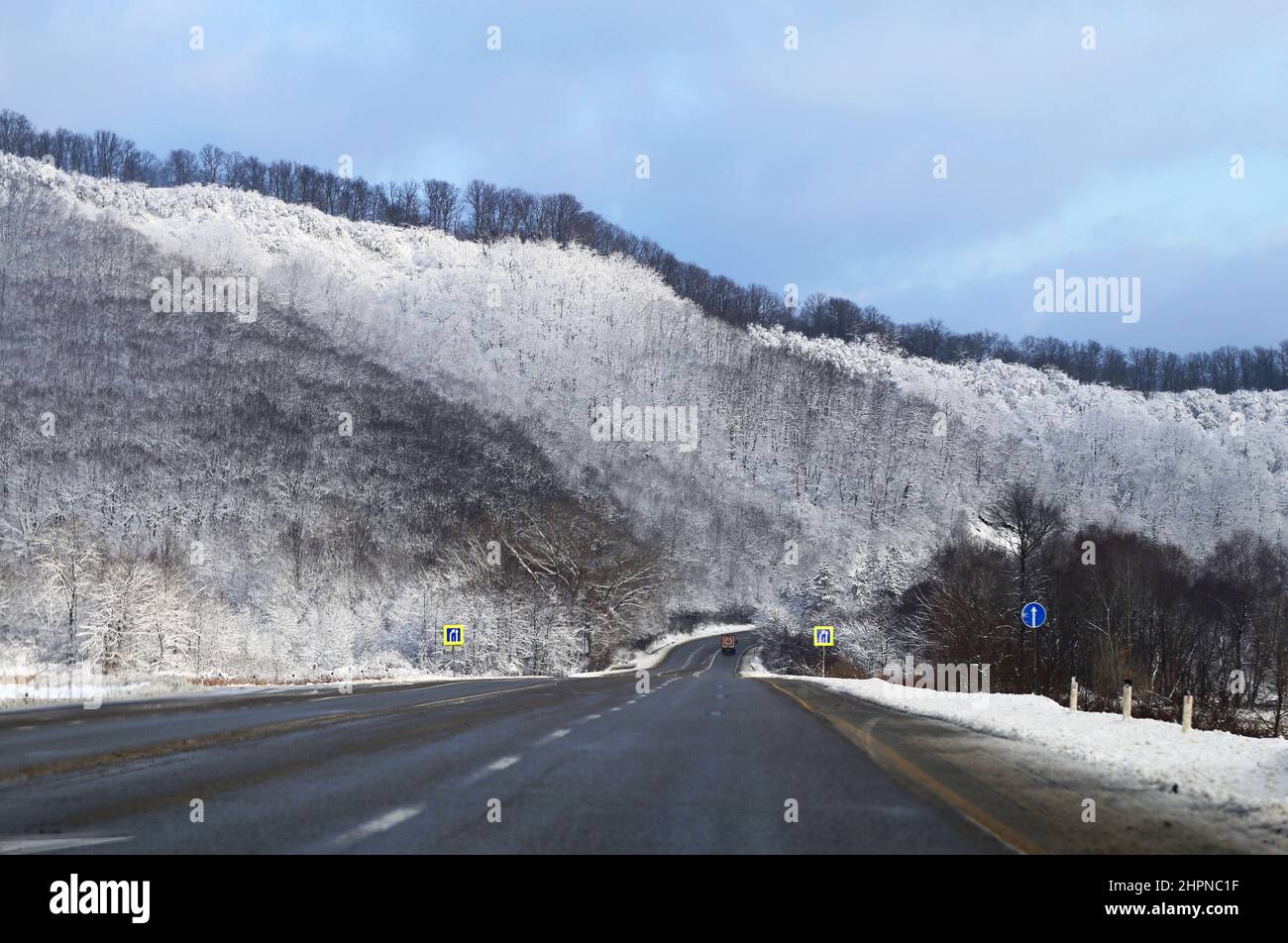 Schöne Winterbergstraße mit schneebedeckten Bäumen an der Seite der Straße Stockfoto