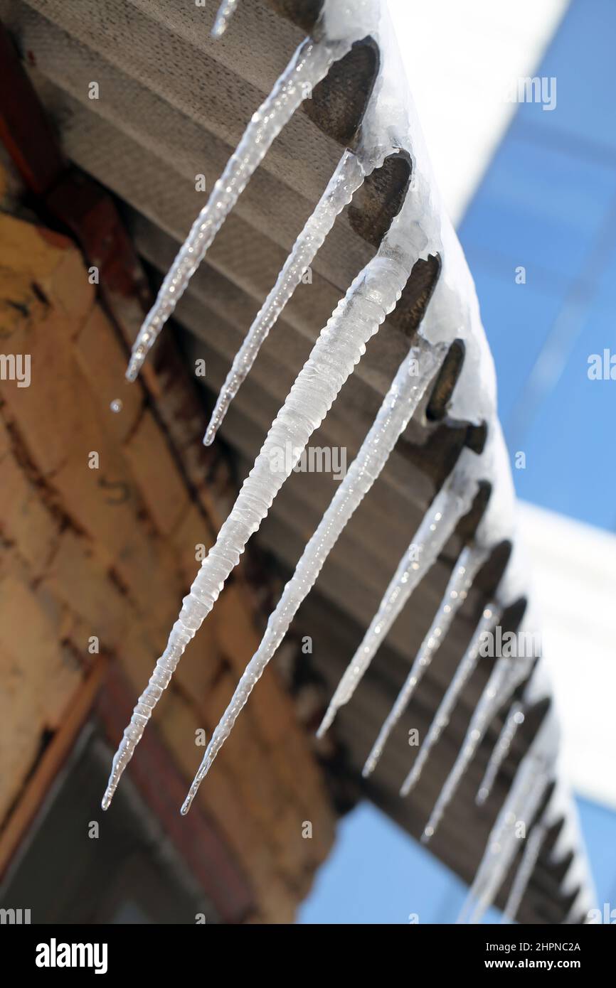 Eiszapfen hängen auf dem schneebedeckten Dach des Hauses gegen den blauen Himmel Stockfoto