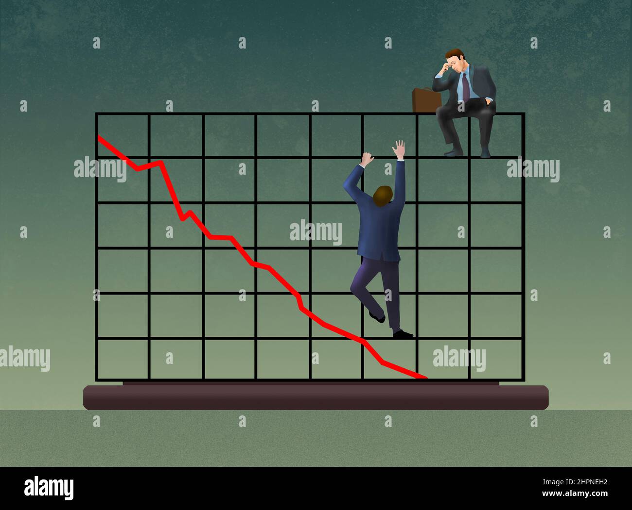 In dieser 3-d-Abbildung quälen sich Geschäftsleute über einen großen Rückgang der Aktienmärkte. Stockfoto