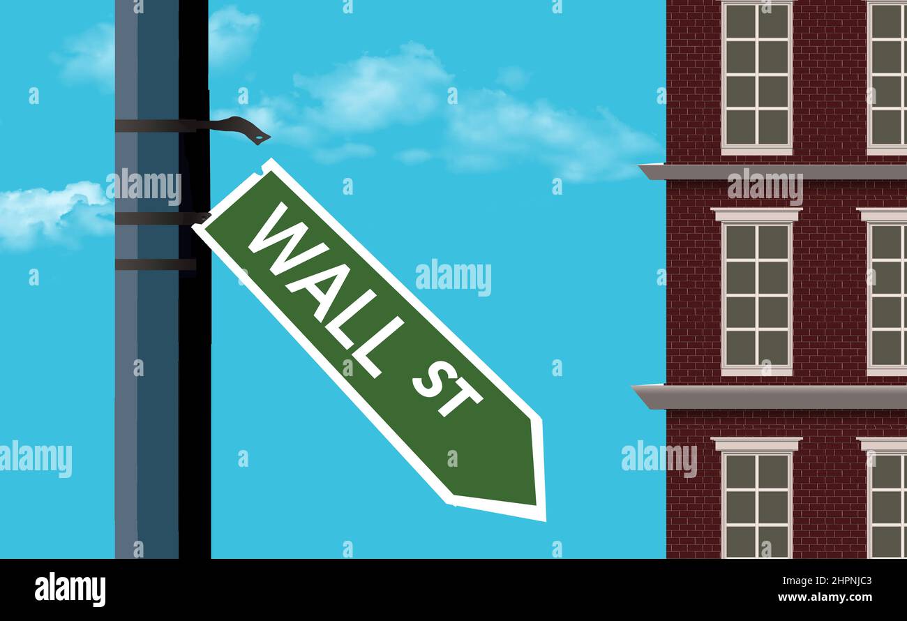 Ein gebrochenes Straßenschild an der Wall Street weist nach unten, genau wie ein rückläufiger Aktienmarkt in einer 3-d-Illustration über einen in Schwierigkeiten geratenen Aktienmarkt. Stockfoto