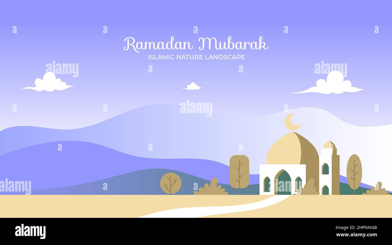 Flache Ramadan Kareem-Bannerkarte mit Moscheenlandschaft Stock Vektor