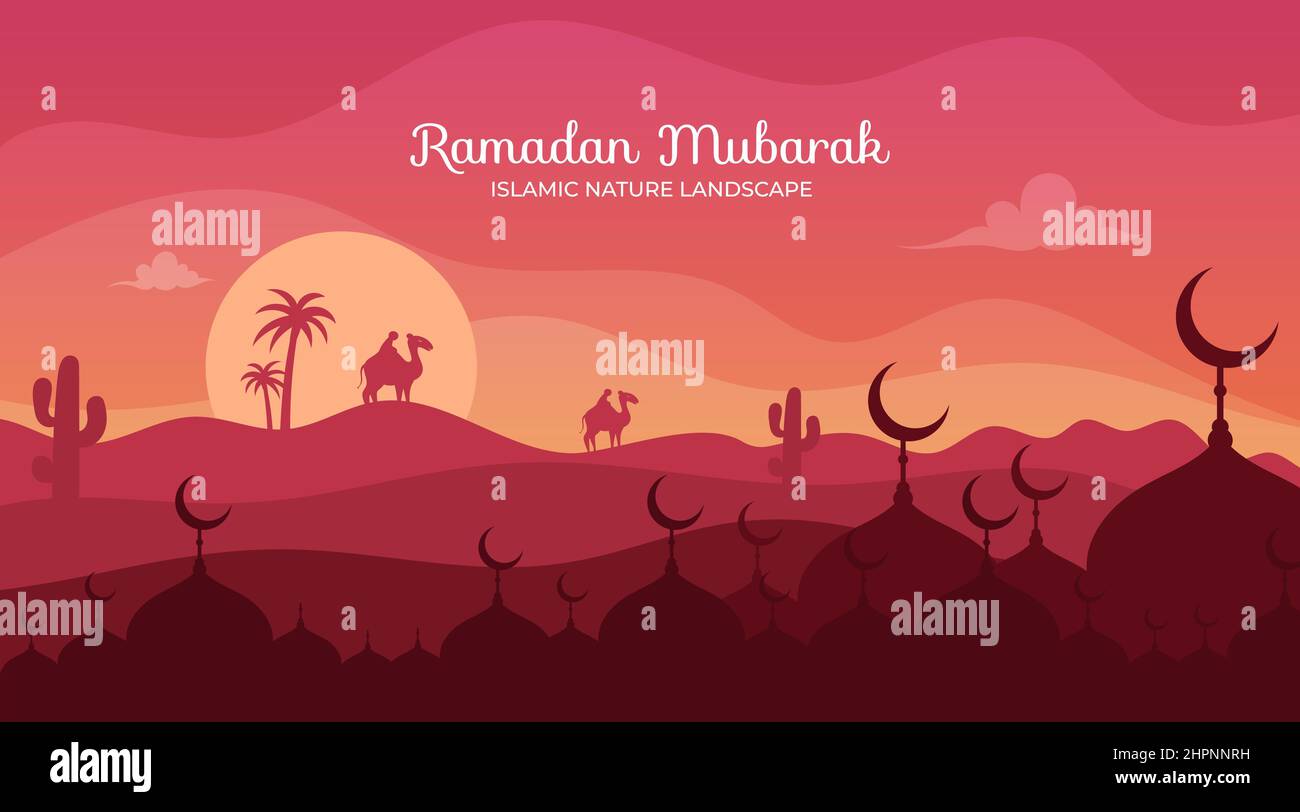 Eid al-fitr Moschee mit flacher Wüstenlandschaft Stock Vektor