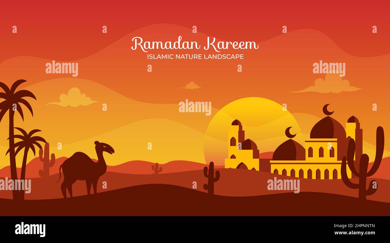 Eid al-fitr oder eid mubarak im Hintergrund mit abstrakter Wüstenlandschaft Stock Vektor